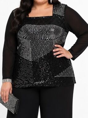 Valenti evening/formal top/tunic, black and silver sequins, Sz 1X, square neck